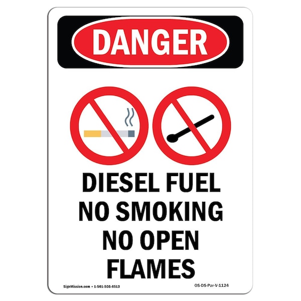 Safety Sign, OSHA Danger, 24" Height, Aluminum, Diesel Fuel No Smoking, Portrait